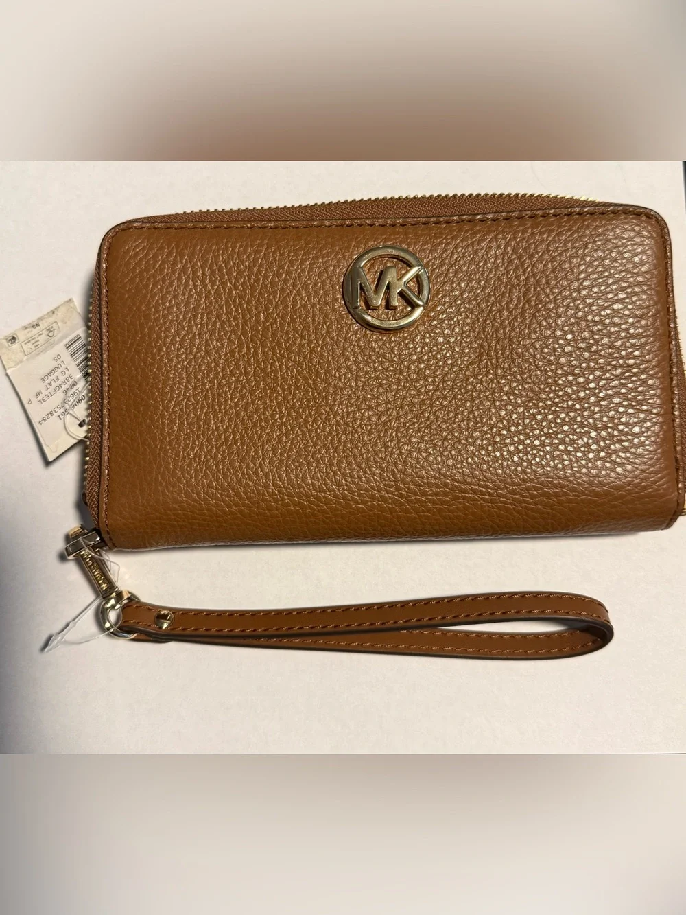 Michael Kors Tan Pebbled Leather Wristlet with Gold Logo